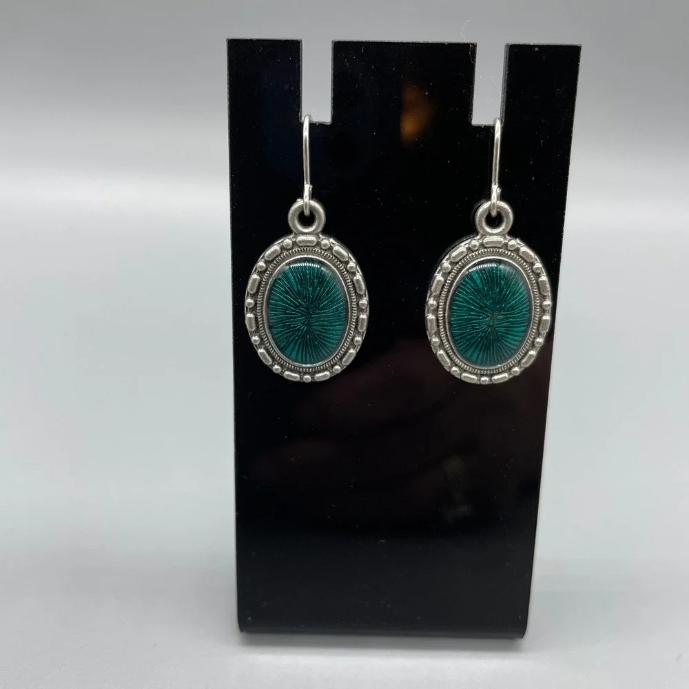 Vintage Style Teal Green Sunburst‎ Oval Drop Earrings Silver Tone Beaded Border